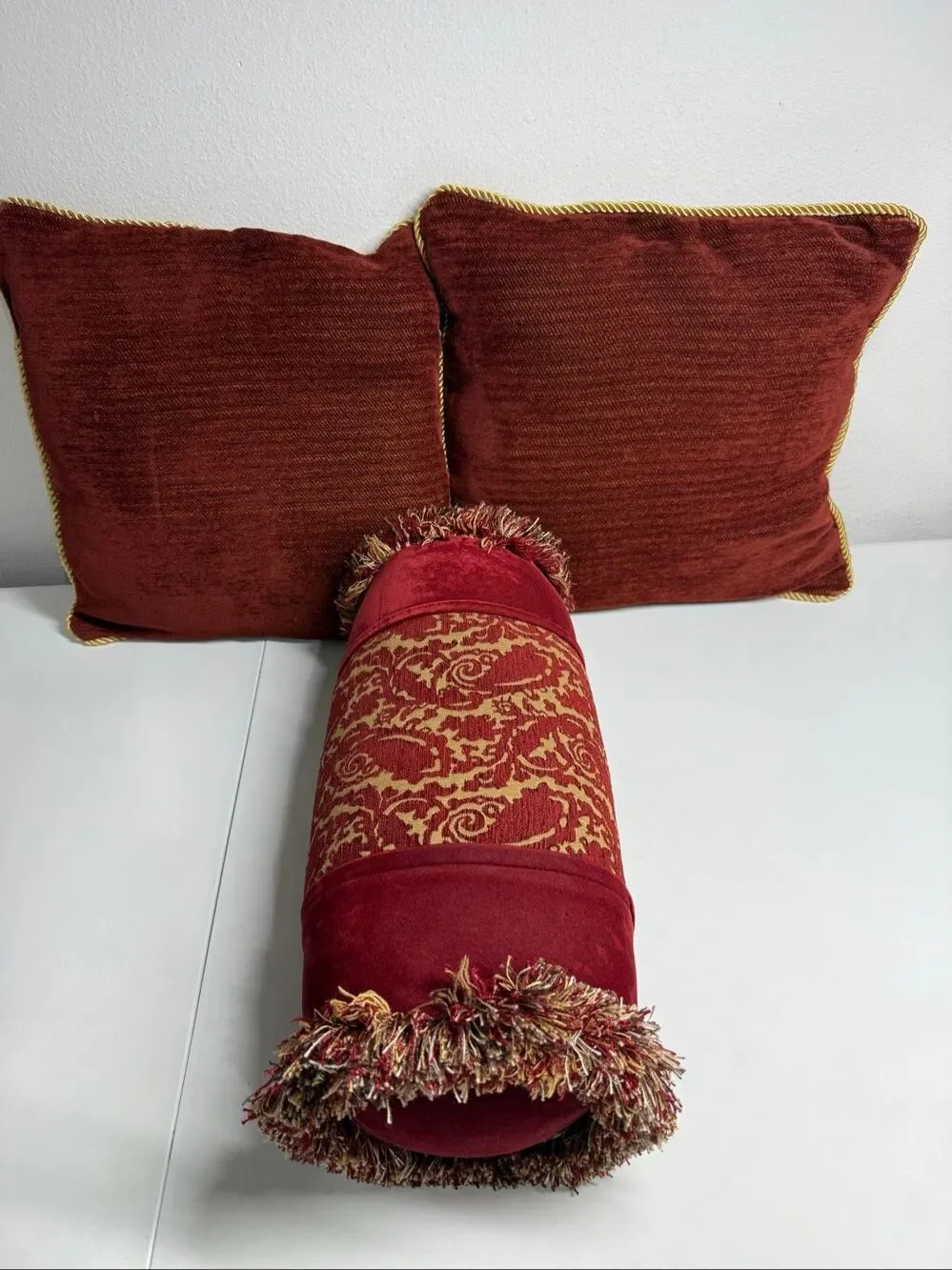 Vintage Burgundy Gold Decorative Pillow Set Of 3 (2 Square/1 Bolster) Victorian